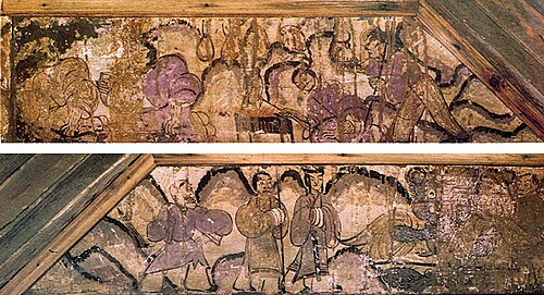 鸿门宴图，西汉壁画，现存洛阳古墓博物馆。左上第一人褐衣者（坐者，身体向后倾）即为刘邦。