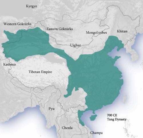 圣历三年（公元700年）的武周疆域，当时东突厥汗国以后突厥汗国之名已经复国（此图没有表现出对云贵高原的羁縻统治，并且将云州、胜州、丰州、姚州画到了域外）