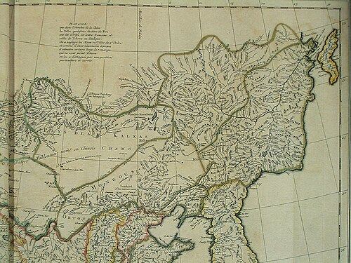 1734年让-巴蒂斯特·布吉尼翁·当维尔出版的大清帝国地图，此地图基于耶稣会1700年的实地考察绘制，边界在尼布楚（位于俄方边界内）附近