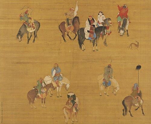 元朝画家刘贯道于至元十七年（1280年）二月绘制的《元世祖出猎图》，其中骑著黑马、身穿白裘的男子是忽必烈