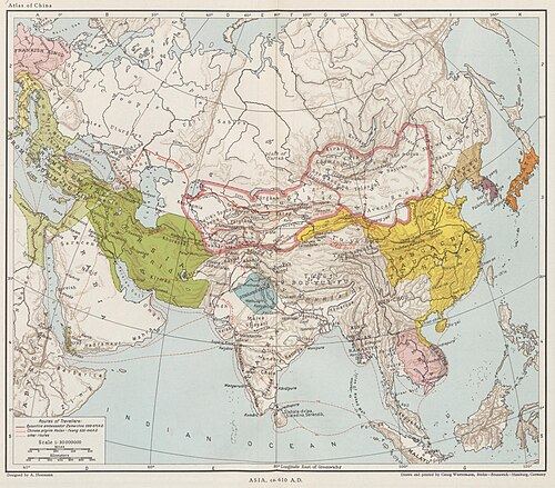约610年的欧亚大陆主要国家，隋朝被称为桃花石（英语：Tabgach、古希腊语：Ταυγάστ）