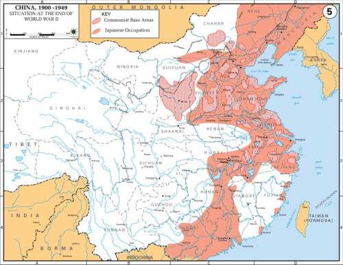二战结束时日本占领区（红色）及中共抗日根据地（红条）