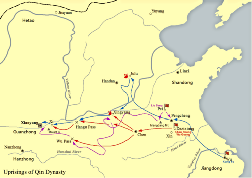 Uprisings of Qin Dynasty, including uprisings of Dazexiang (Chen Sheng and Wu Guang), Liu Bang and Xiang Yu.